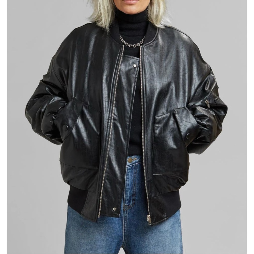 Frankie Shop Hane Black Relaxed Loose Fit Oversized Faux Leather Bomber Jacket